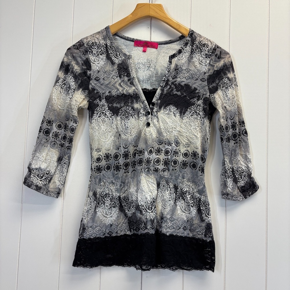 Almost Famous Y2K Fairy Grunge Henley Top Women Size M Artsy Lace Indie Boho